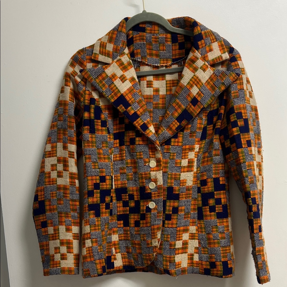 Vintage 70s Handmaid Tailored Geometric Print Knit Orange Ivory Navy Blazer M